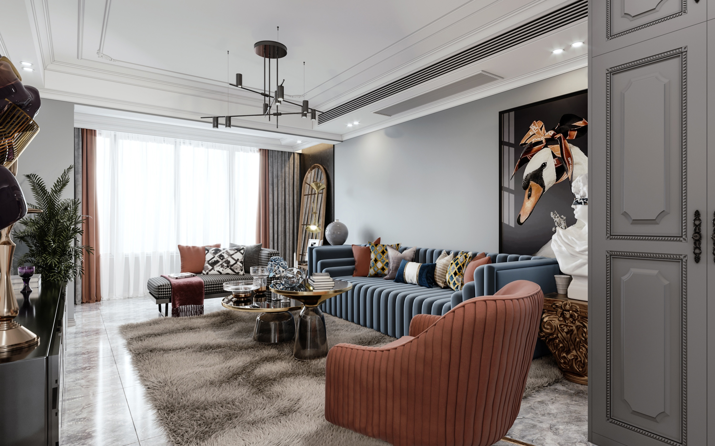 南宁嘉和城温莎堡160㎡客厅美式轻奢装修风格案例效果图