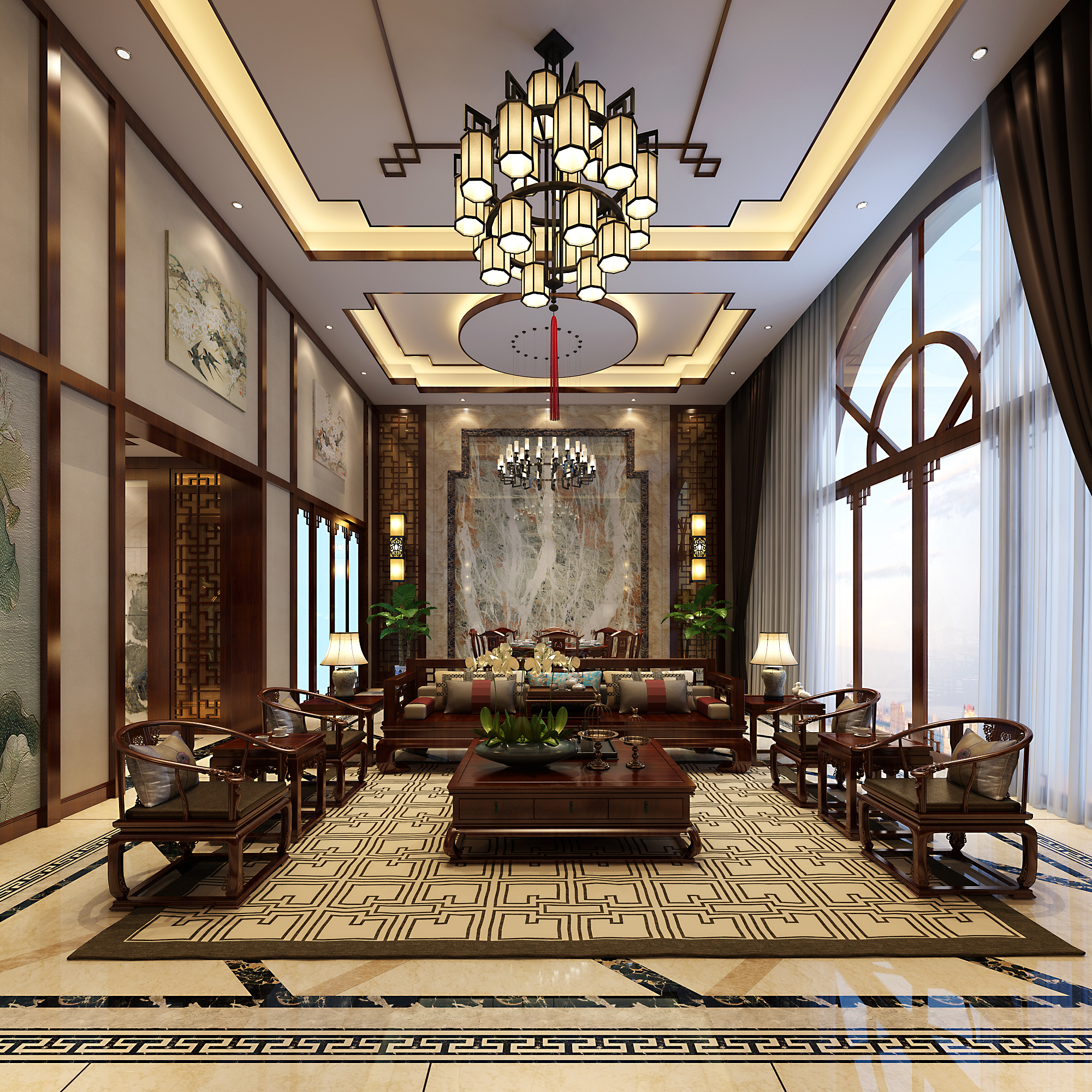 南宁丽景花园480㎡客厅新中式装修风格案例效果图