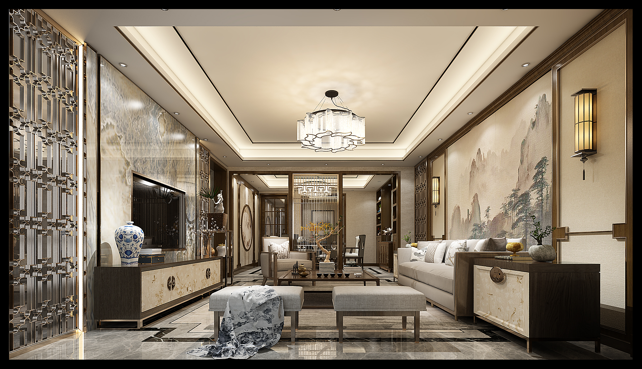 南宁盘龙居170㎡客厅中式装修风格案例效果图