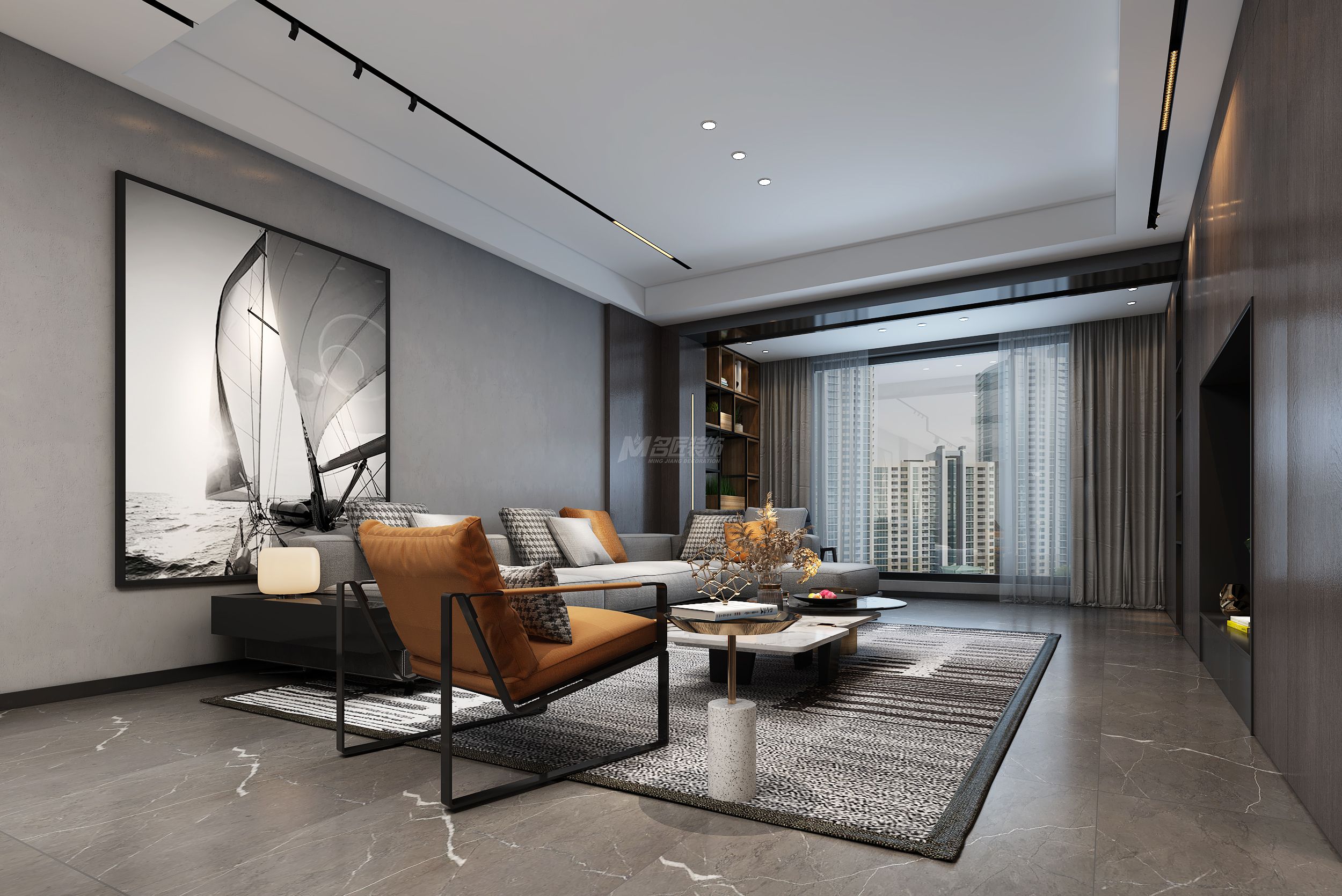 江山丽园160㎡客厅现代灰色极简装修风格效果图