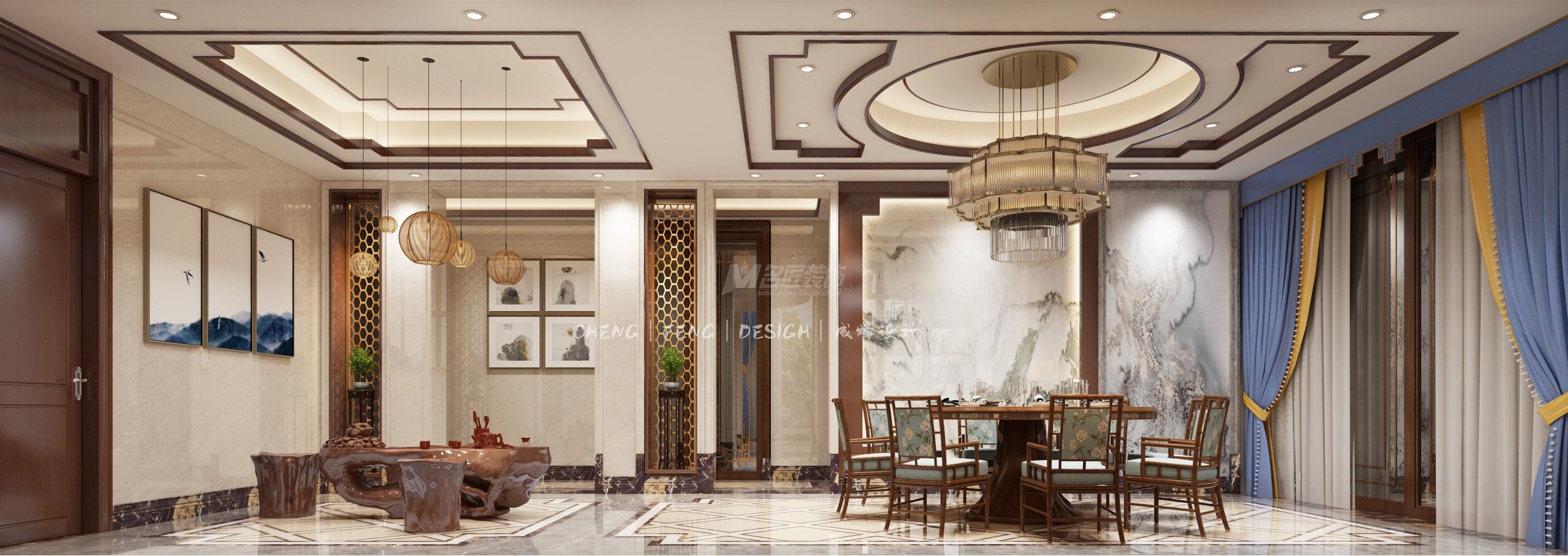 佛山千叶山庄600㎡餐厅茶区新中式装修风格案例效果图