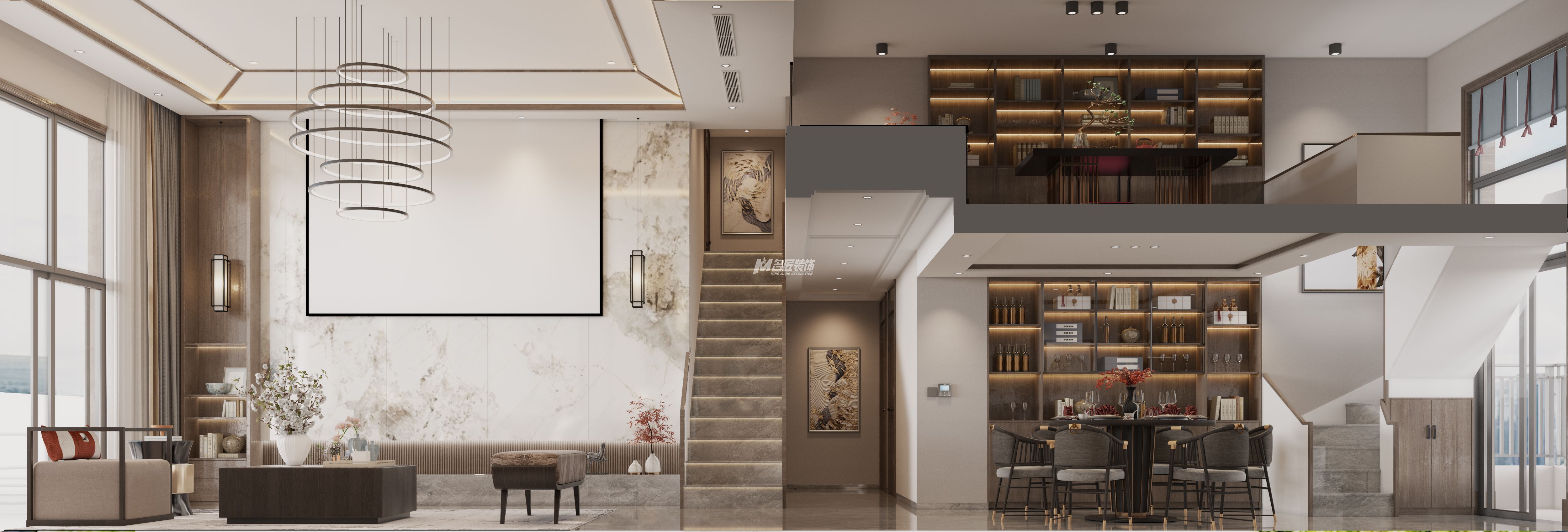 安吉山语城500㎡客餐厅新中式装修风格效果图